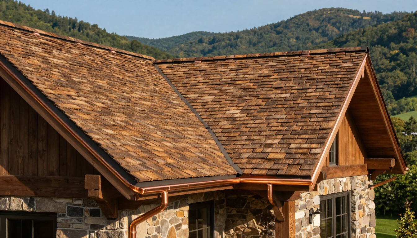 A rustic house with a textured brown shingle roof, stone walls, and copper gutters, set against a mountain backdrop.