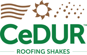 Logo for CeDUR Roofing Shakes, featuring brown icons for wind, sun, and rain above the green text.