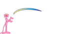 The Pink Panther stands on the left, gesturing toward a curved, rainbow-colored arc floating in the air against a white back.