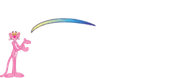 The Pink Panther stands on the left, gesturing toward a curved, rainbow-colored arc floating in the air against a white back.