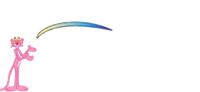 The Pink Panther stands on the left, gesturing toward a curved, rainbow-colored arc floating in the air against a white back.