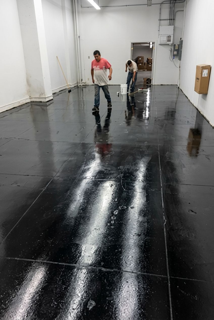 Two people walking through a glossy hallway, with white walls and dark reflective flooring.