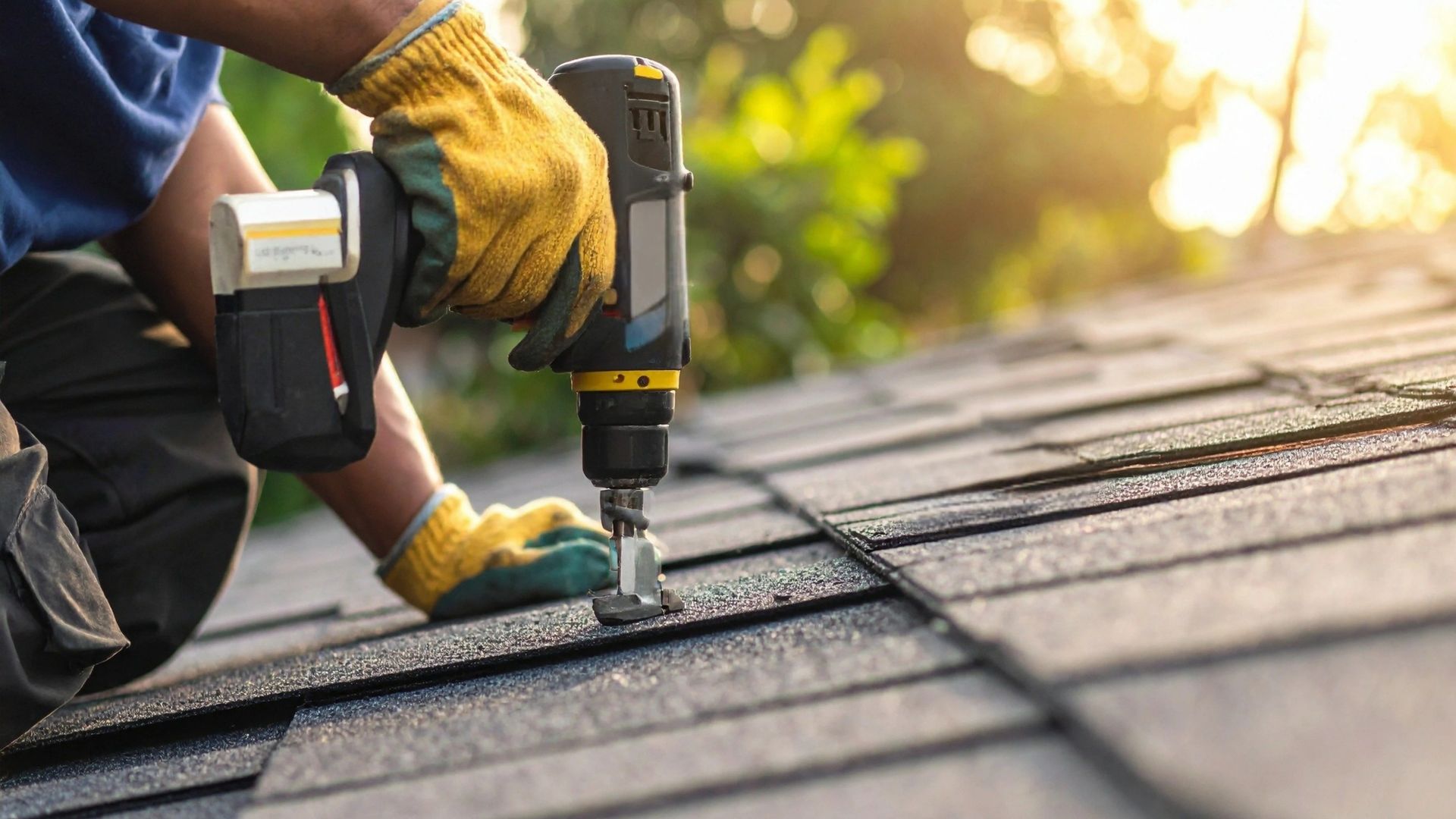Gloved worker using a nail gun to secure shingles on a roof.