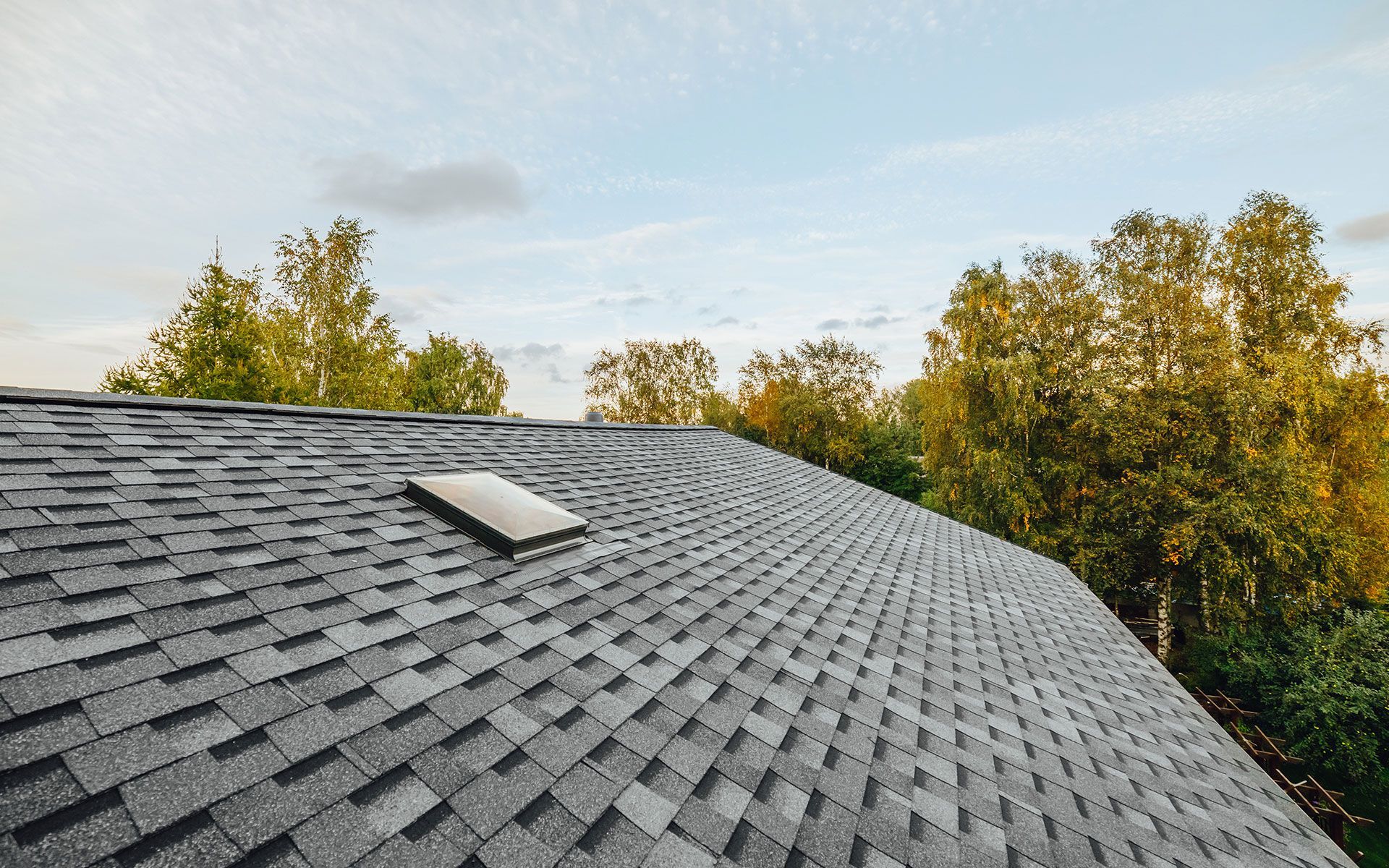 Gray shingled roof with a skylight, trees and blue sky background.