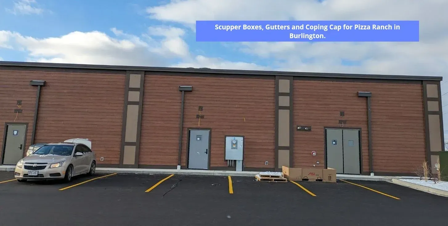 Exterior of a brick building with several doors and a parked car. Text reads Brick commercial building with blue sign, parked car, and empty parking spaces under cloudy sky