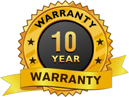 Gold warranty badge with “10 YEAR WARRANTY” in black and yellow ribbon banner