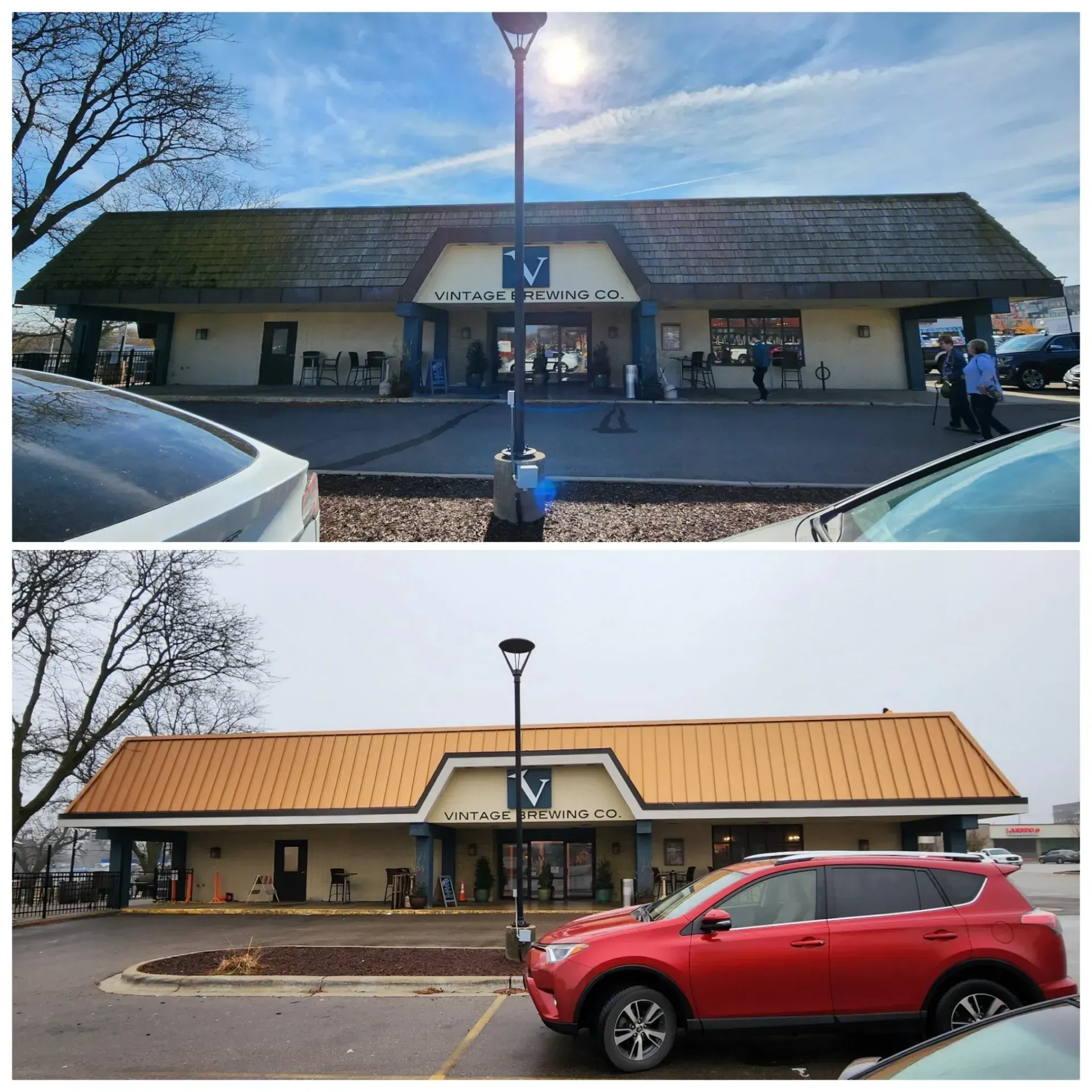 Top: building with a mossy roof in front of cars and people. Bottom: building with a gold roof and a red SUV in the parking lot. Before-and-after view of a storefront with a tan roof; red SUV parked in front in the lower image.