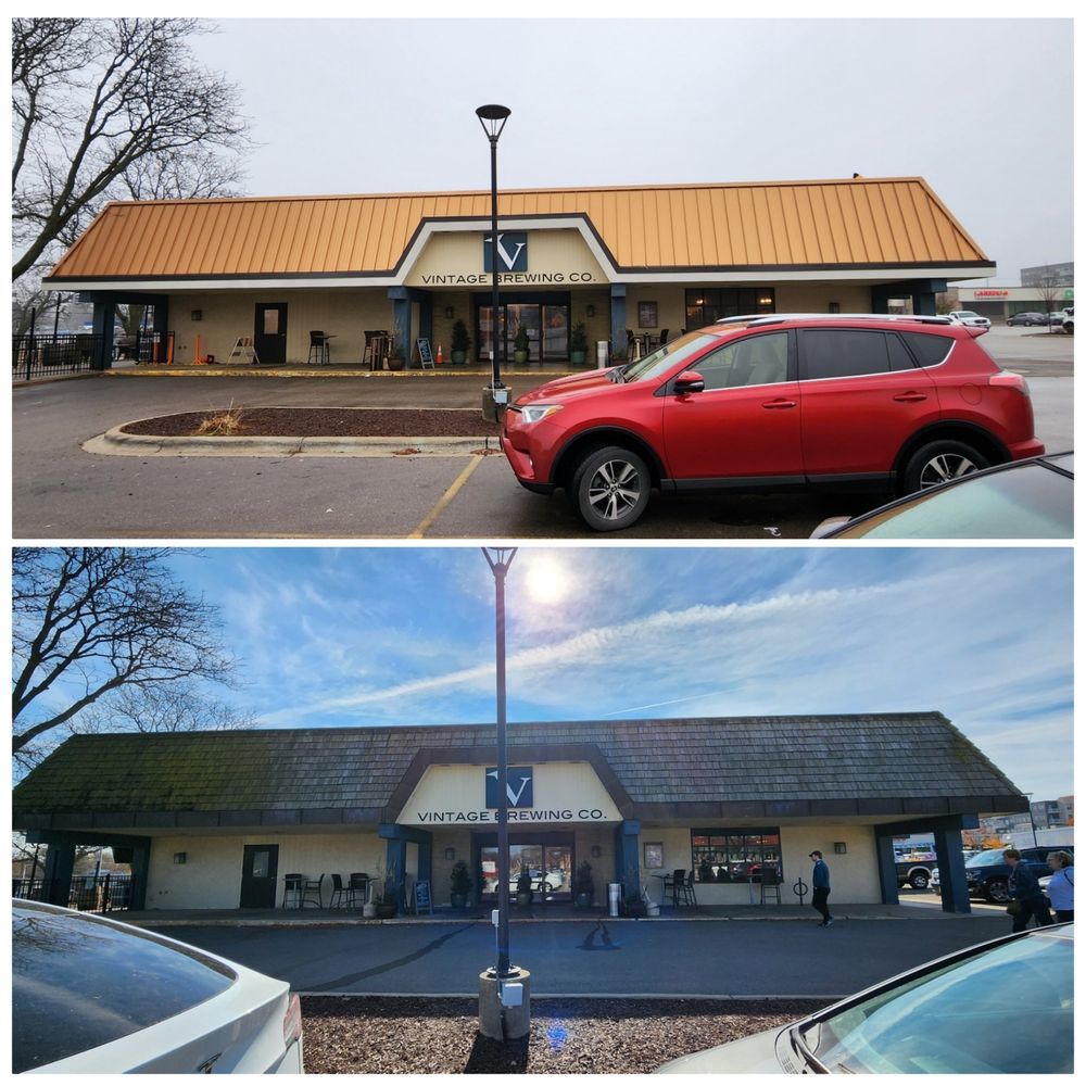 Two storefront photos of a small building, one with a red SUV parked in front