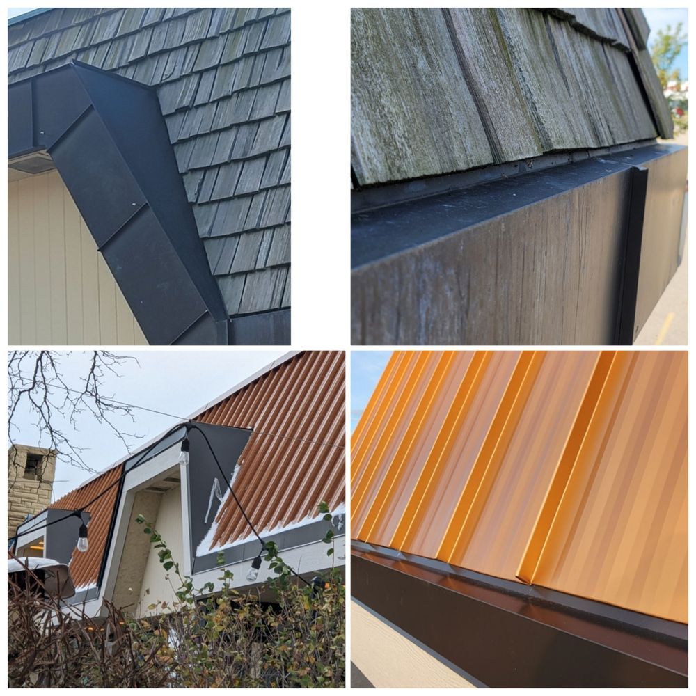 Roof and siding close-ups showing metal flashing and trim in gray, black, and orange tones