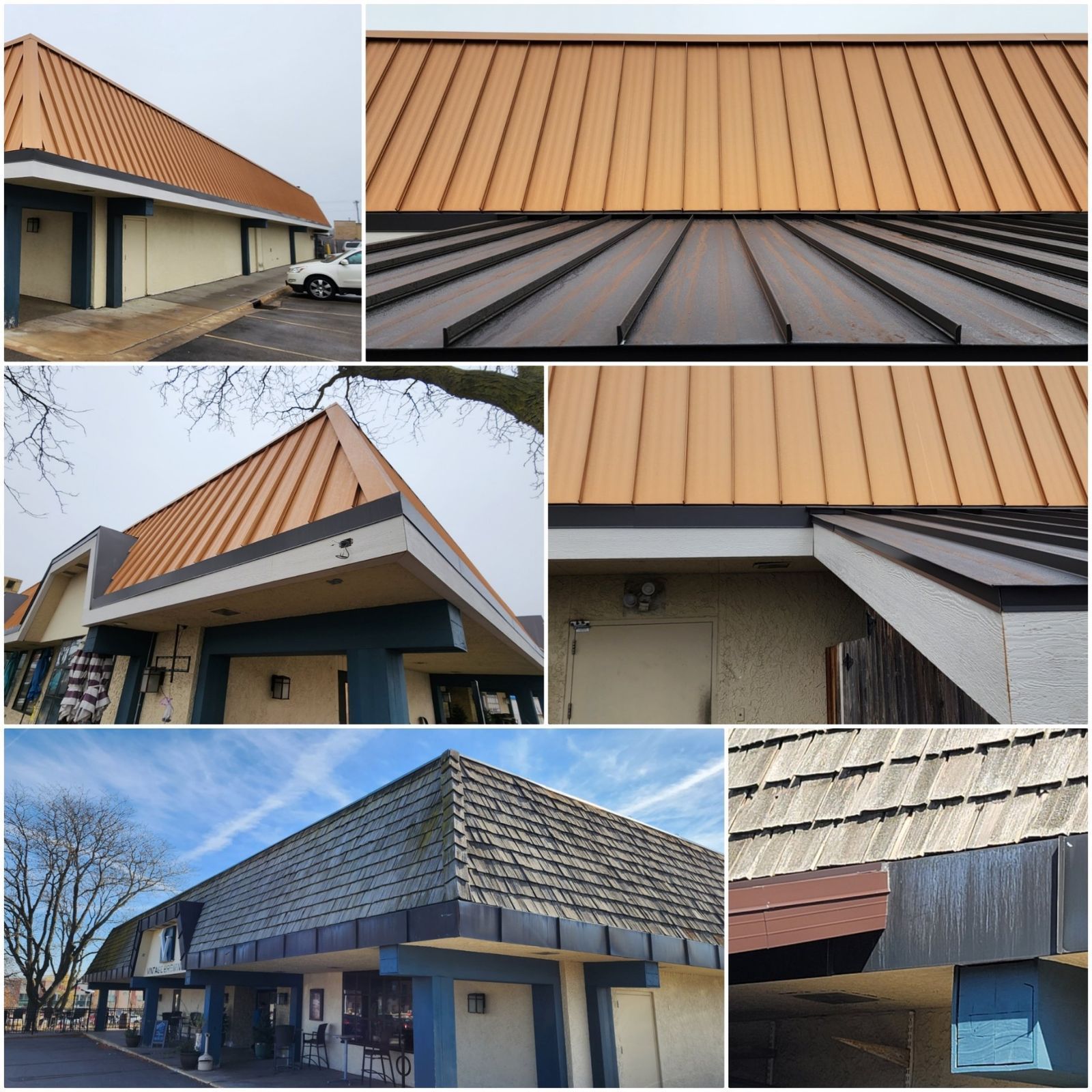 Collage of building roof close-ups with tan standing-seam metal and weathered shingles