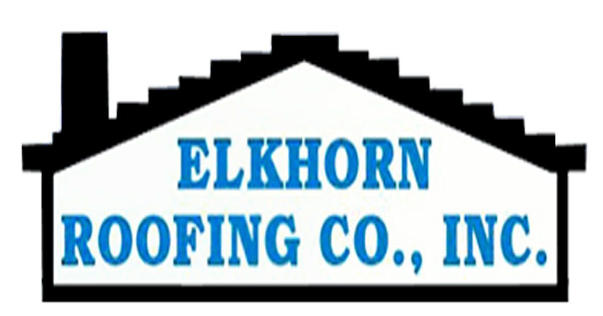 Elkhorn Roofing Co., Inc. logo with blue text inside a black roof outline