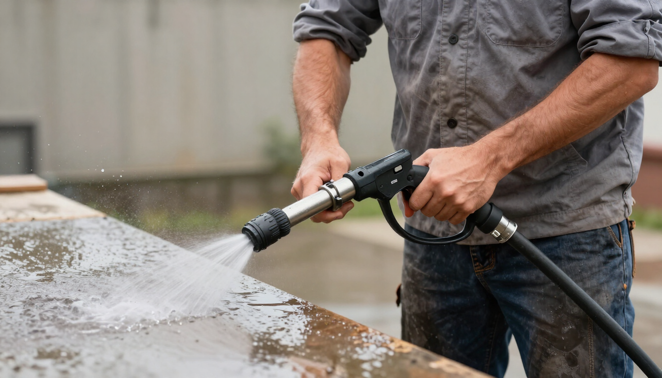 Person using a hose nozzle to spray water across a wet outdoor surface.
