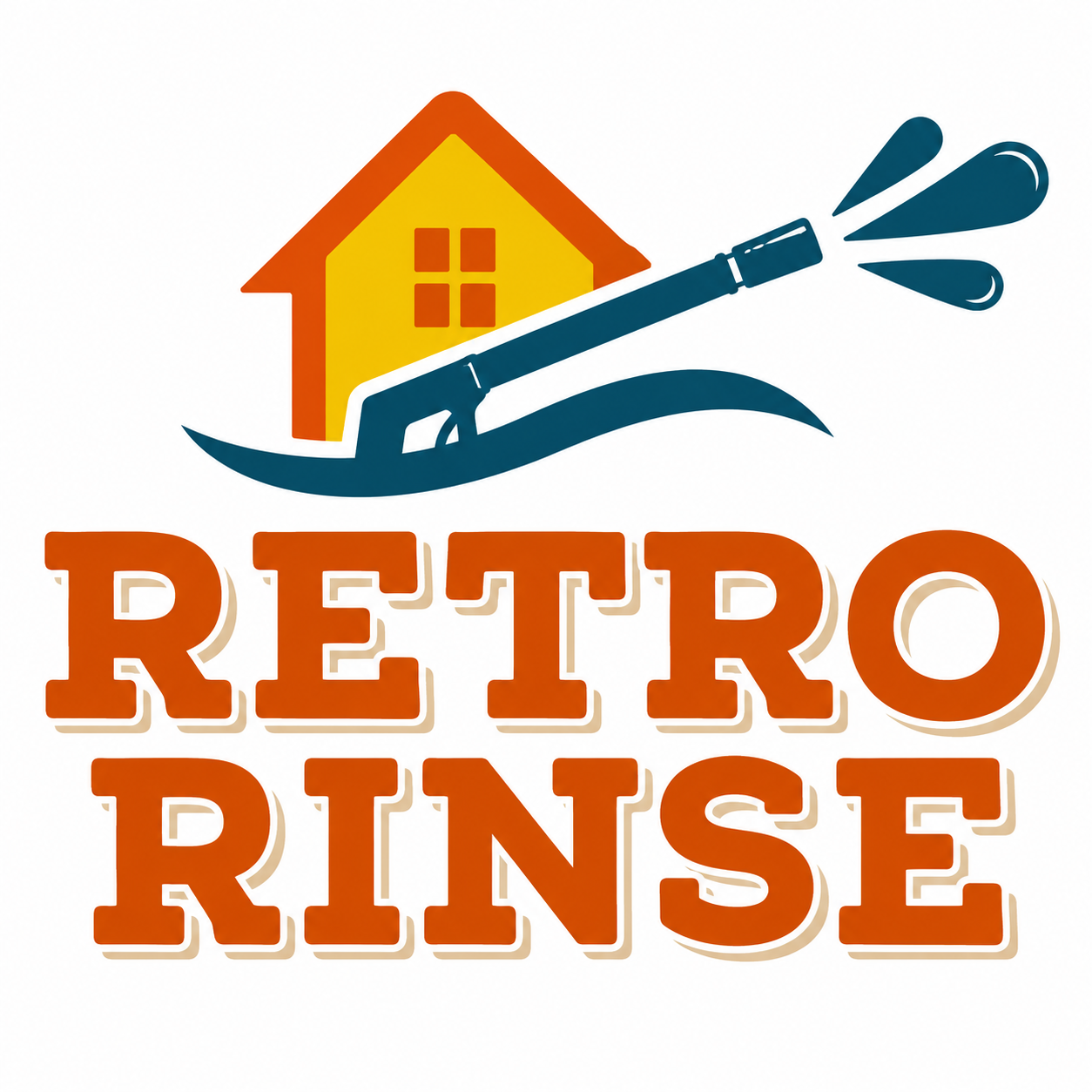 Retro Rinse logo with orange house and blue pressure washer spraying water