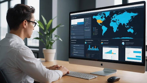 Man wearing glasses looks at a computer screen displaying a world map and data charts.