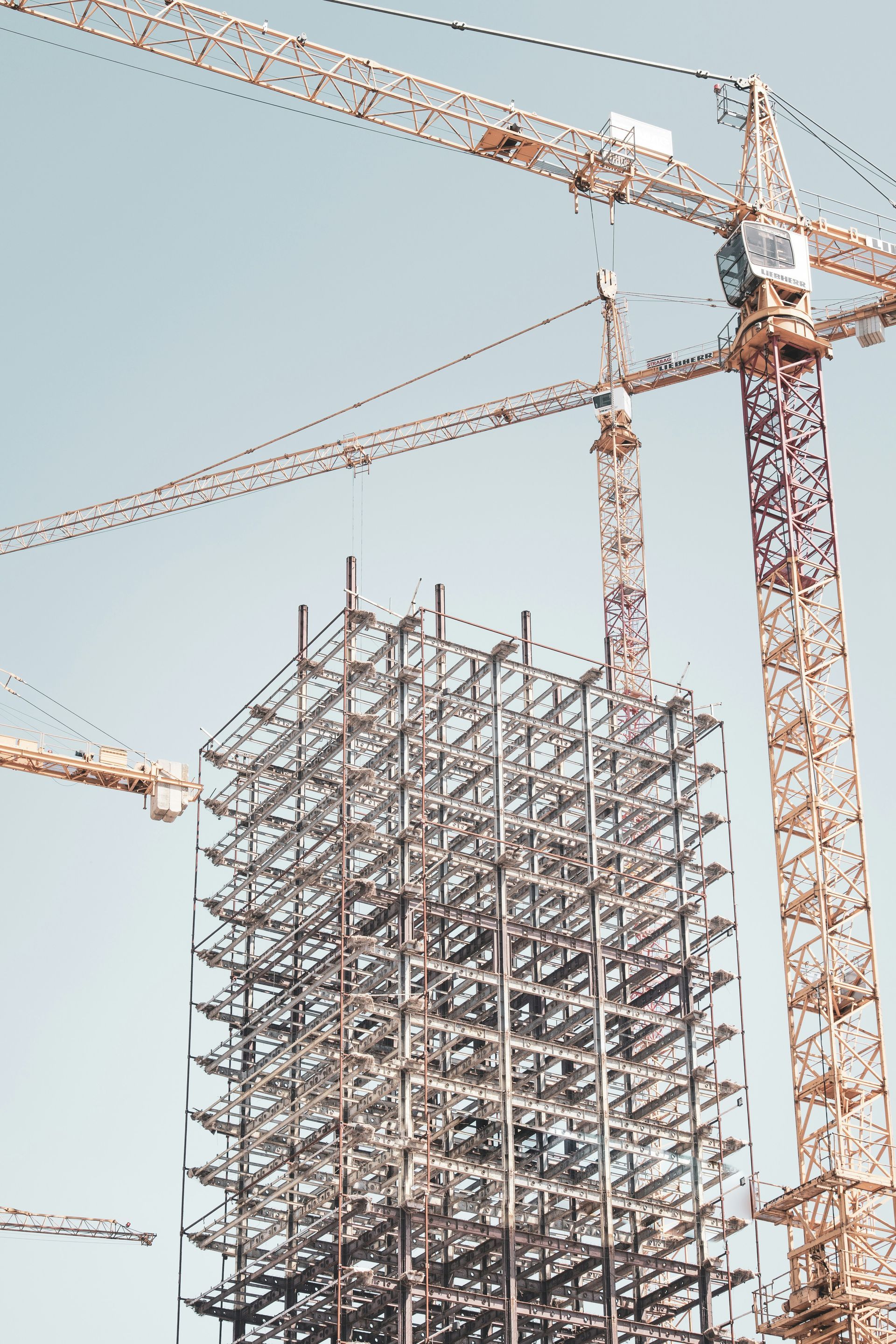 Steel framework of a tall building under construction, several cranes in the sky.