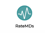 A logo for ratemds with a heartbeat in a circle.