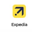 The expedia logo is a yellow square with a blue arrow pointing up.