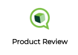 A product review logo with a green cube in a speech bubble.