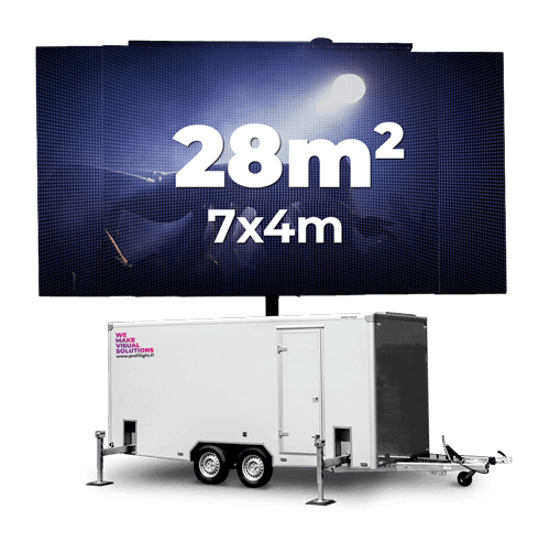 Mobiili LED-näyttö perävaunussa, 7x4m, 28 neliömetriä. Valkoinen perävaunu, mustat renkaat, valoa näyttävä näyttö.