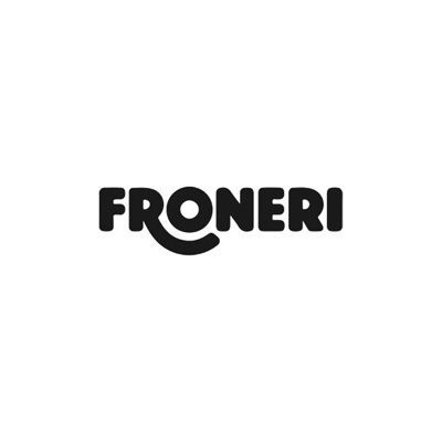 FRONERI-sanamerkkilogo lihavoituna, pyöristetyllä mustalla fontilla ja tyylitellyllä kaarella 