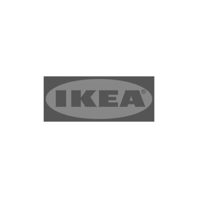 IKEA-logo: harmaa teksti harmaalla soikiolla harmaan suorakulmion sisällä.