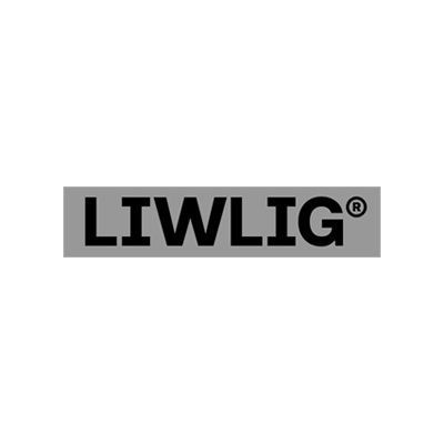 LIWLIG®-logo mustalla tekstillä harmaalla suorakulmiolla.