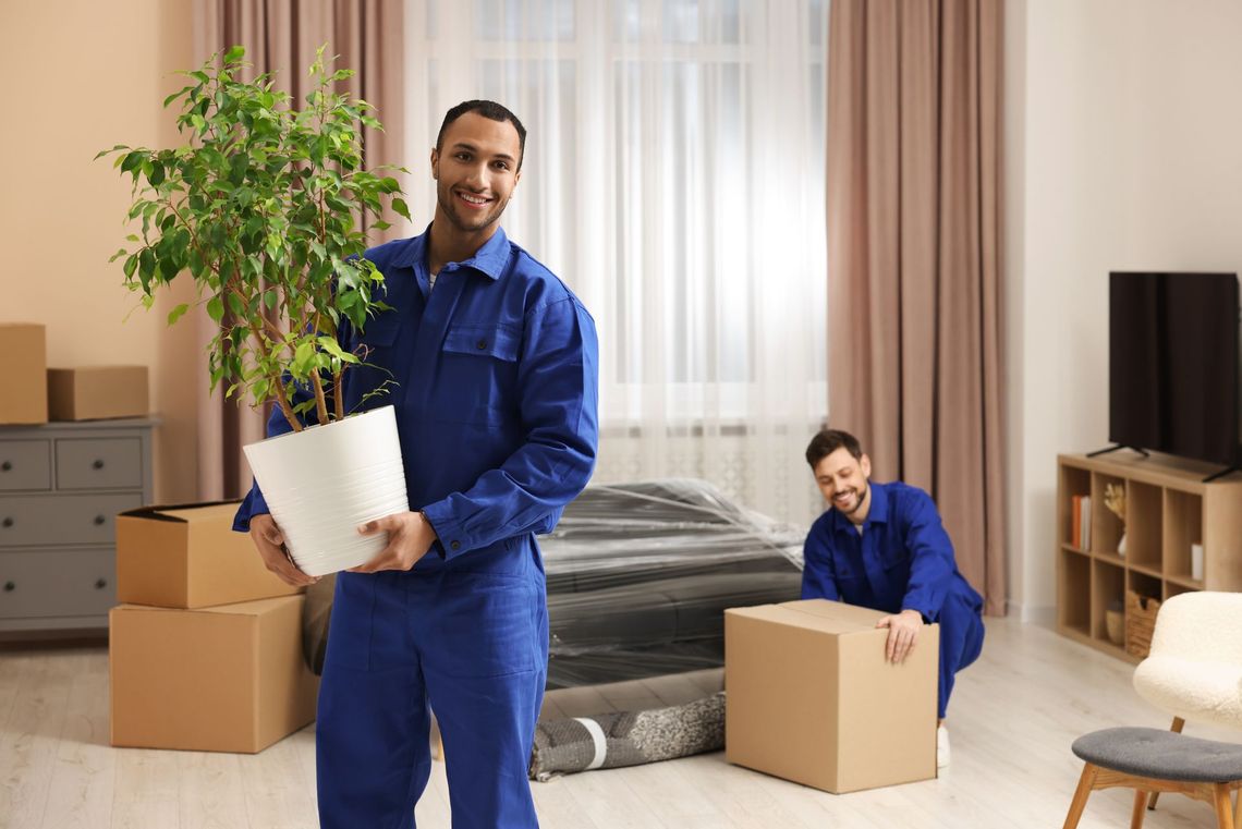 A man is holding a potted plant in a living room.