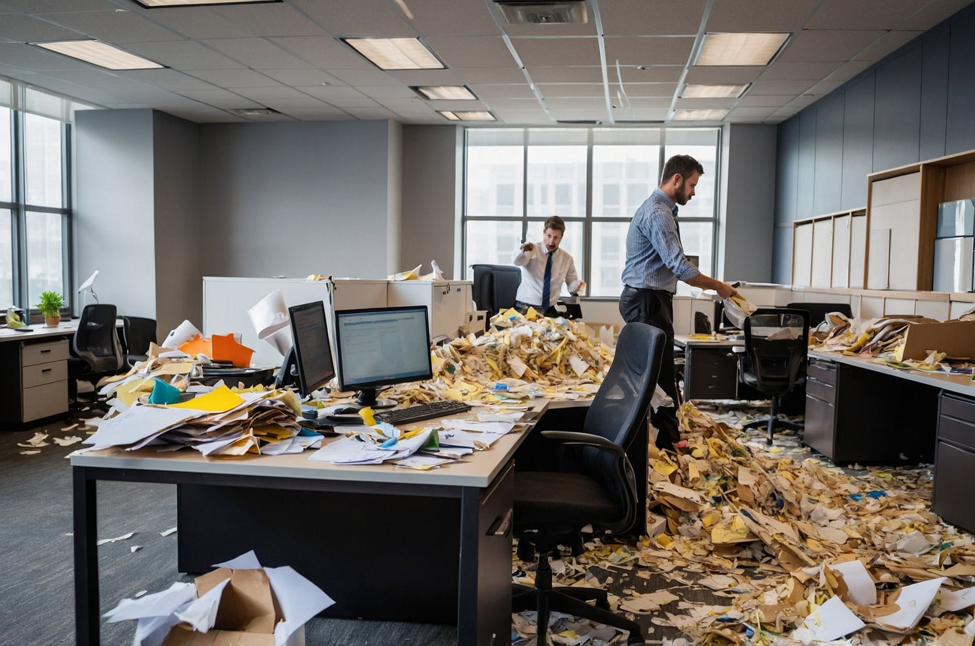 A man is cleaning a messy office with a pile of papers on the floor.