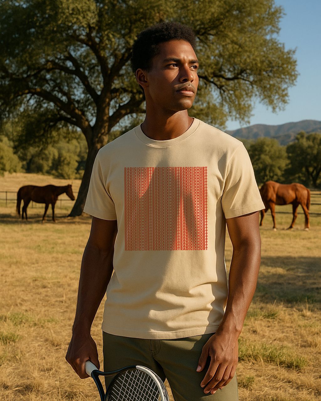 Model wearing natural beige RADICI COURT pattern t-shirt