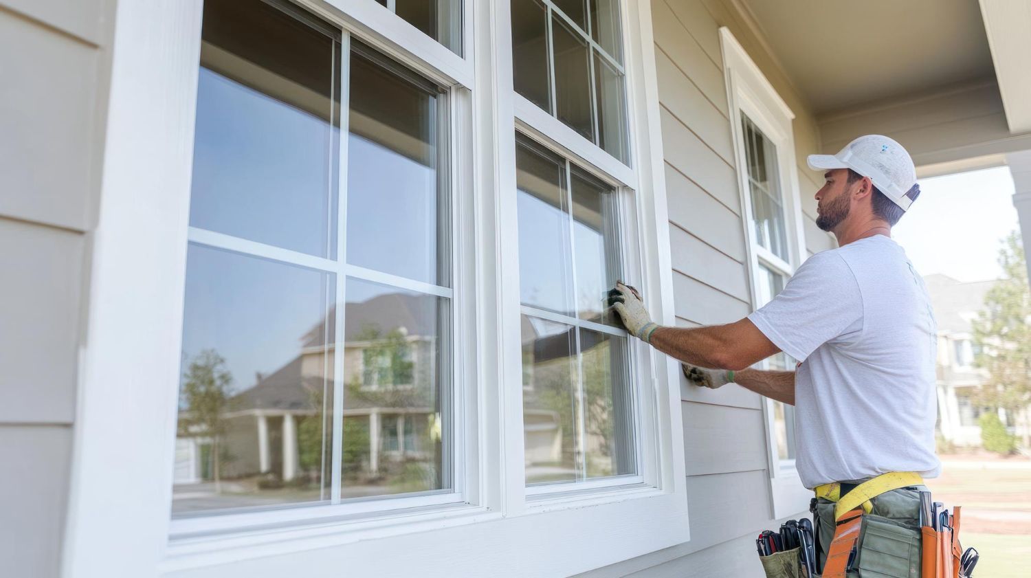 Worker cleaning a white house window with a squeegee on the exterior side