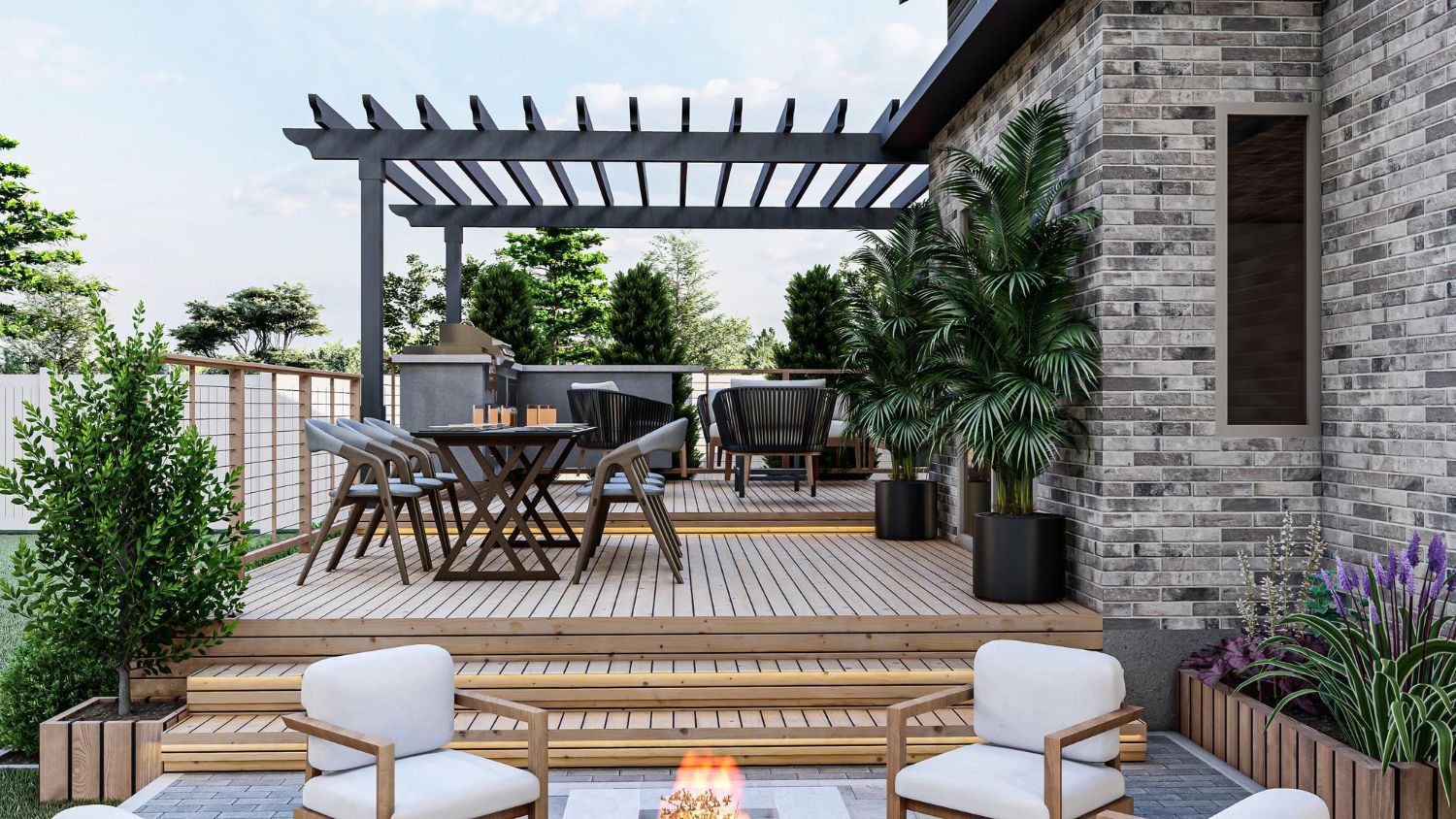 Modern stone patio with pergola, dining table, lounge chairs, and a fire pit beside a pool.