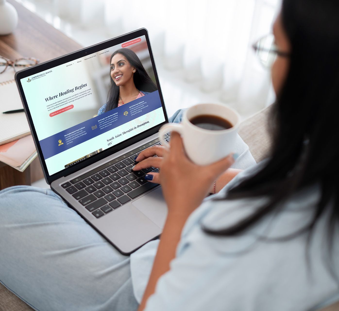 A woman booking a free consultation with Empowering Roots Psychotherapy in Brampton
