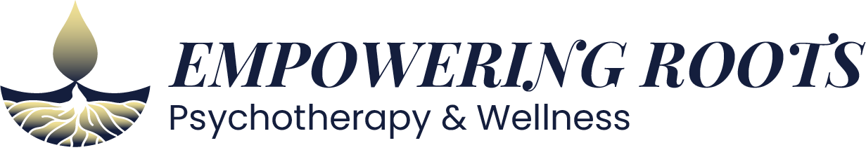 Logo for Empowering Roots Psychotherapy & Wellness with a stylized teardrop/root design.