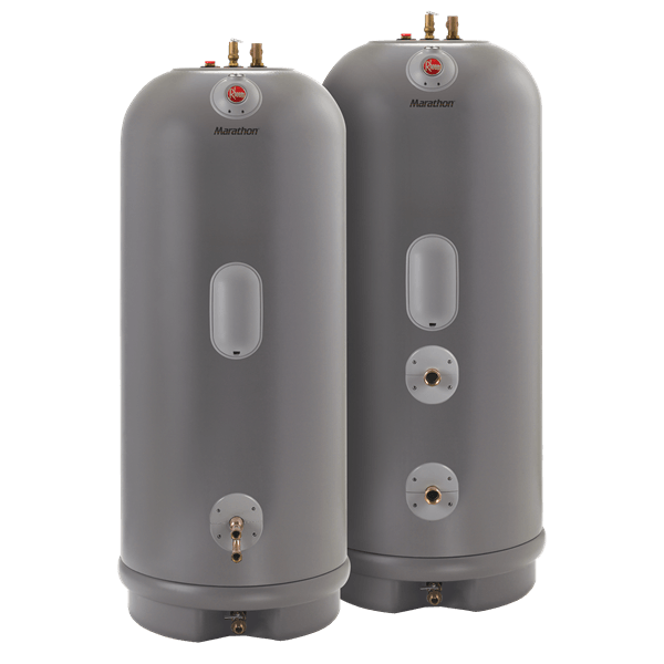 Two gray water heaters are sitting next to each other on a white background