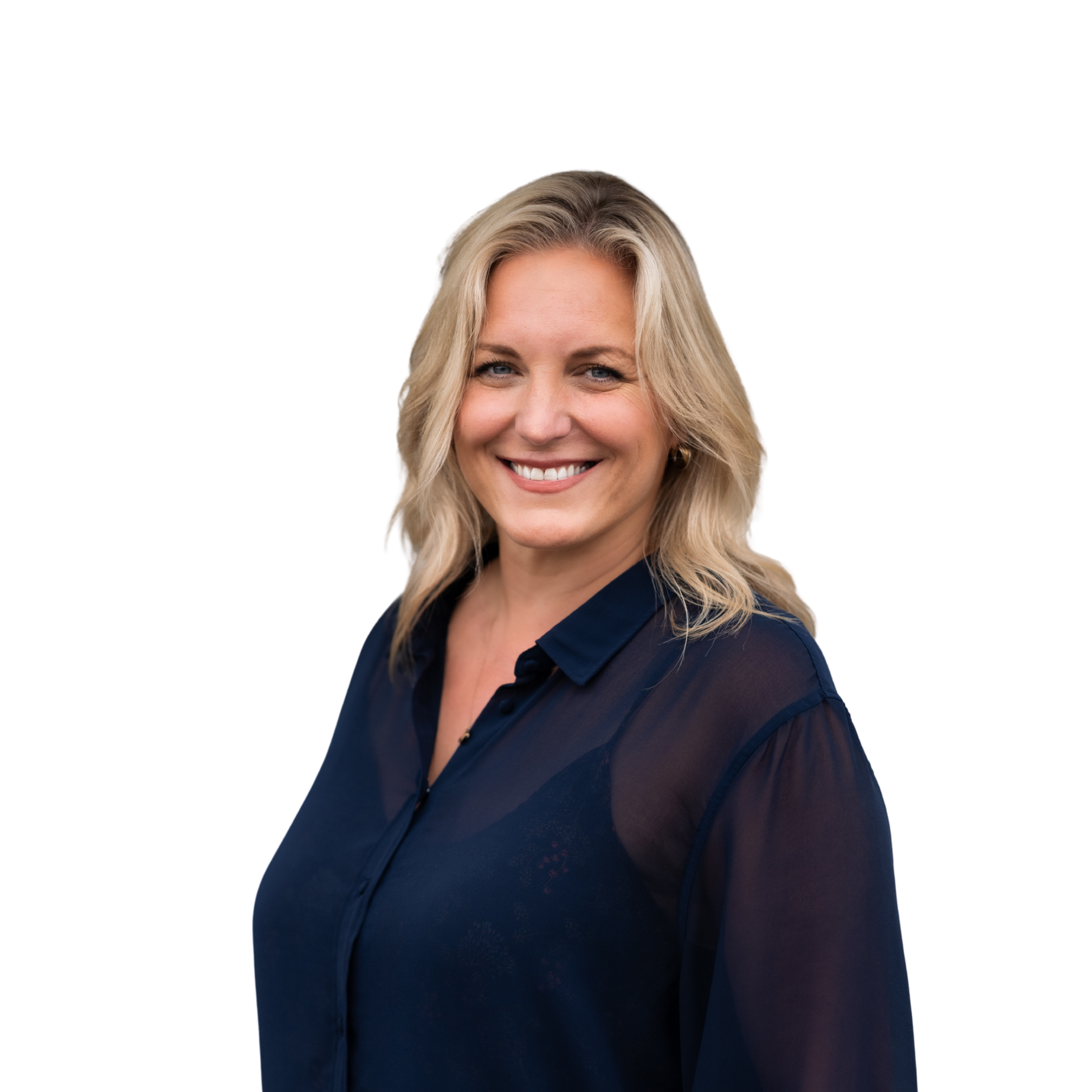 A woman with blonde hair is smiling and wearing a black shirt