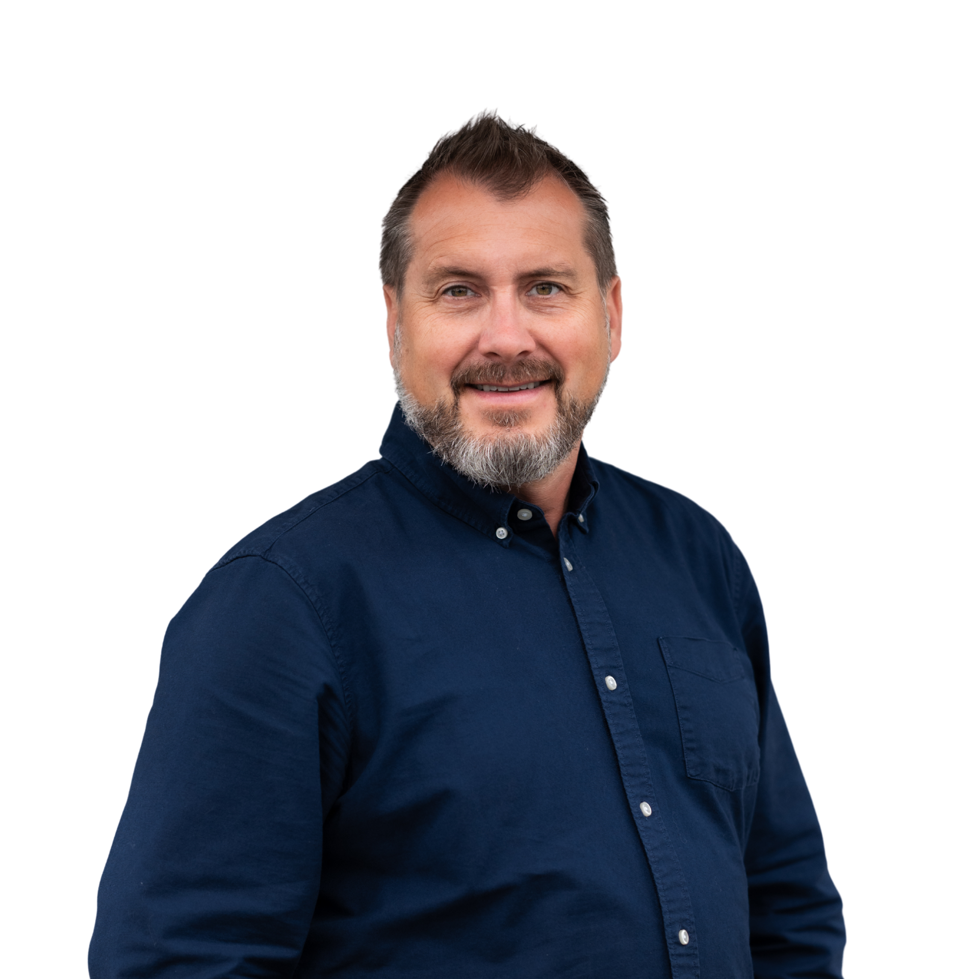 A man in a black shirt is smiling for the camera