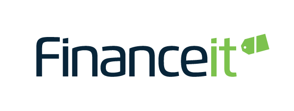 A blue and green logo for financeit on a white background