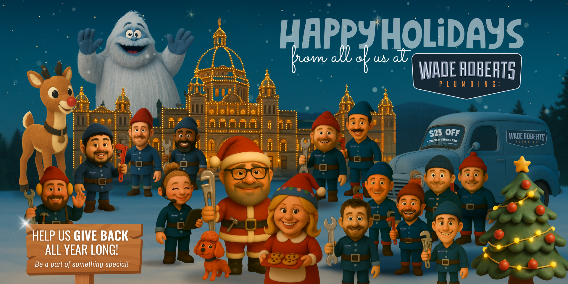 Holiday card with cartoon workers in blue uniforms around a decorated Christmas tree, castle, and snowy night sky