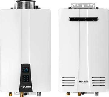 The front and back of a white water heater on a white background.