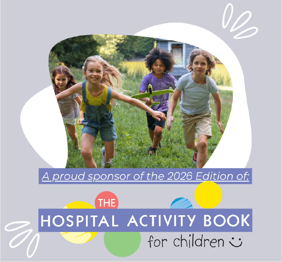 Four children running on grass above “The Hospital Activity Book for children” sponsorship text