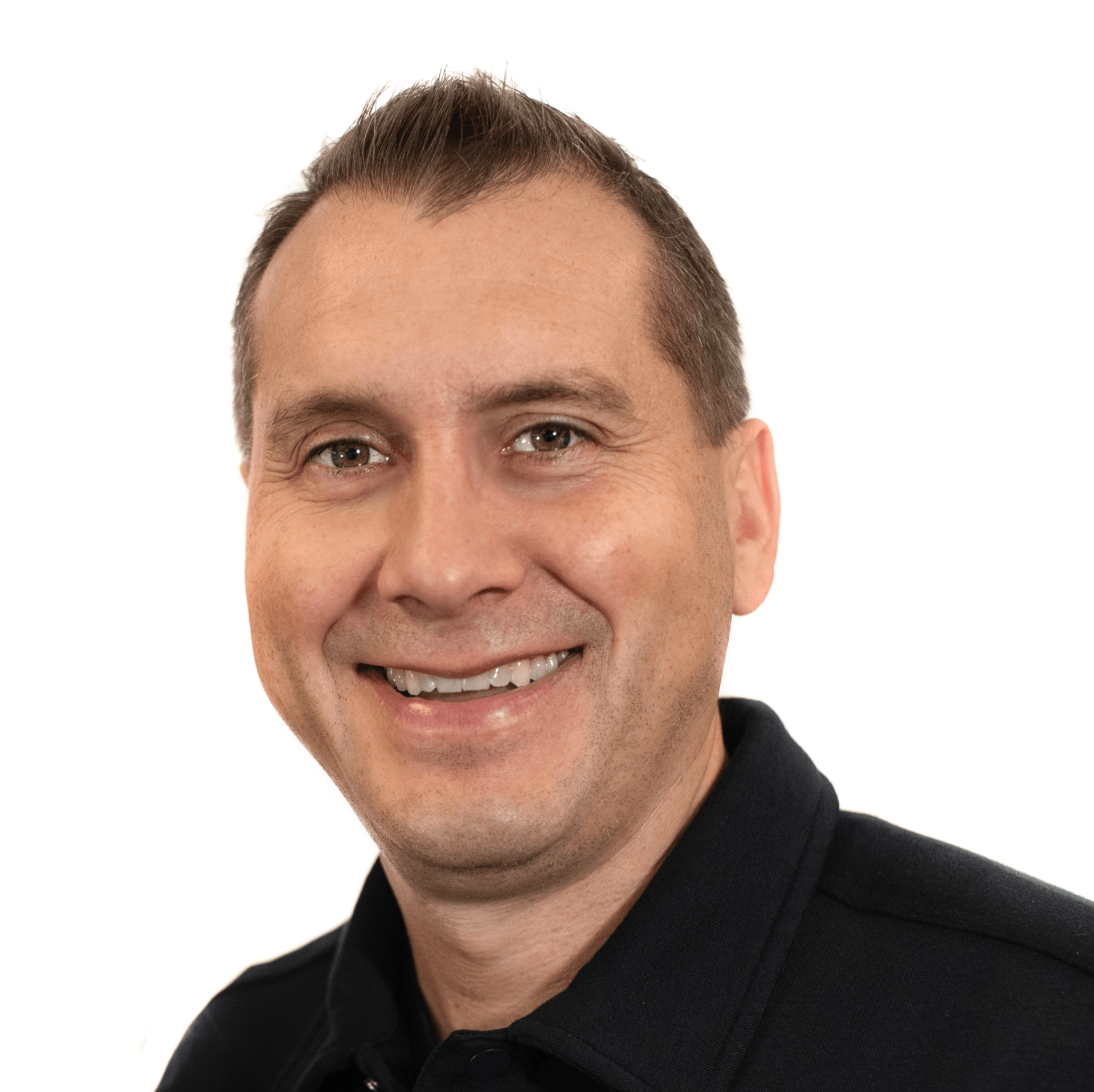 A man in a black shirt is smiling for the camera
