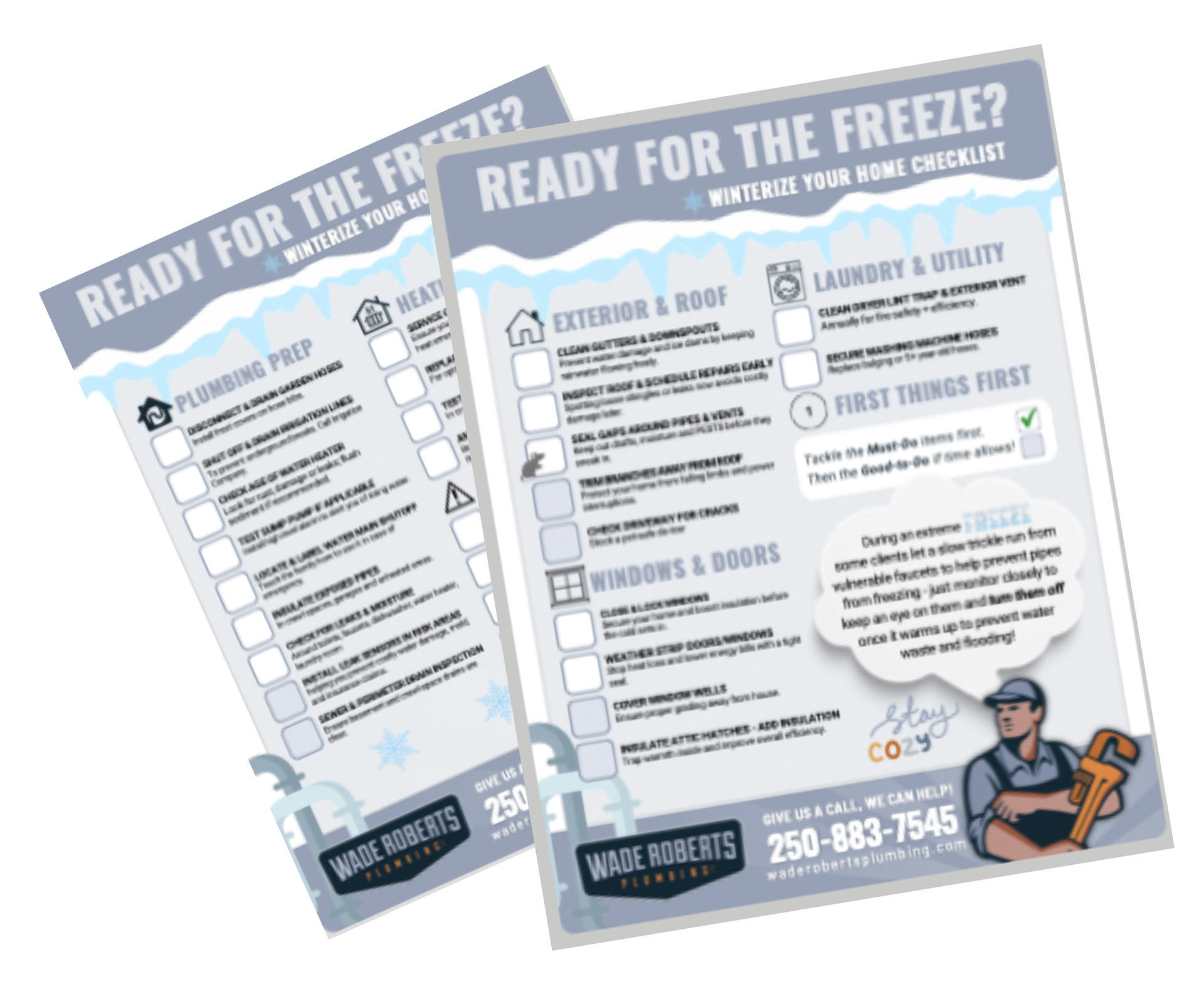 Two winter safety flyers titled “Ready for the Freeze?” with checklist items and a cartoon utility worker