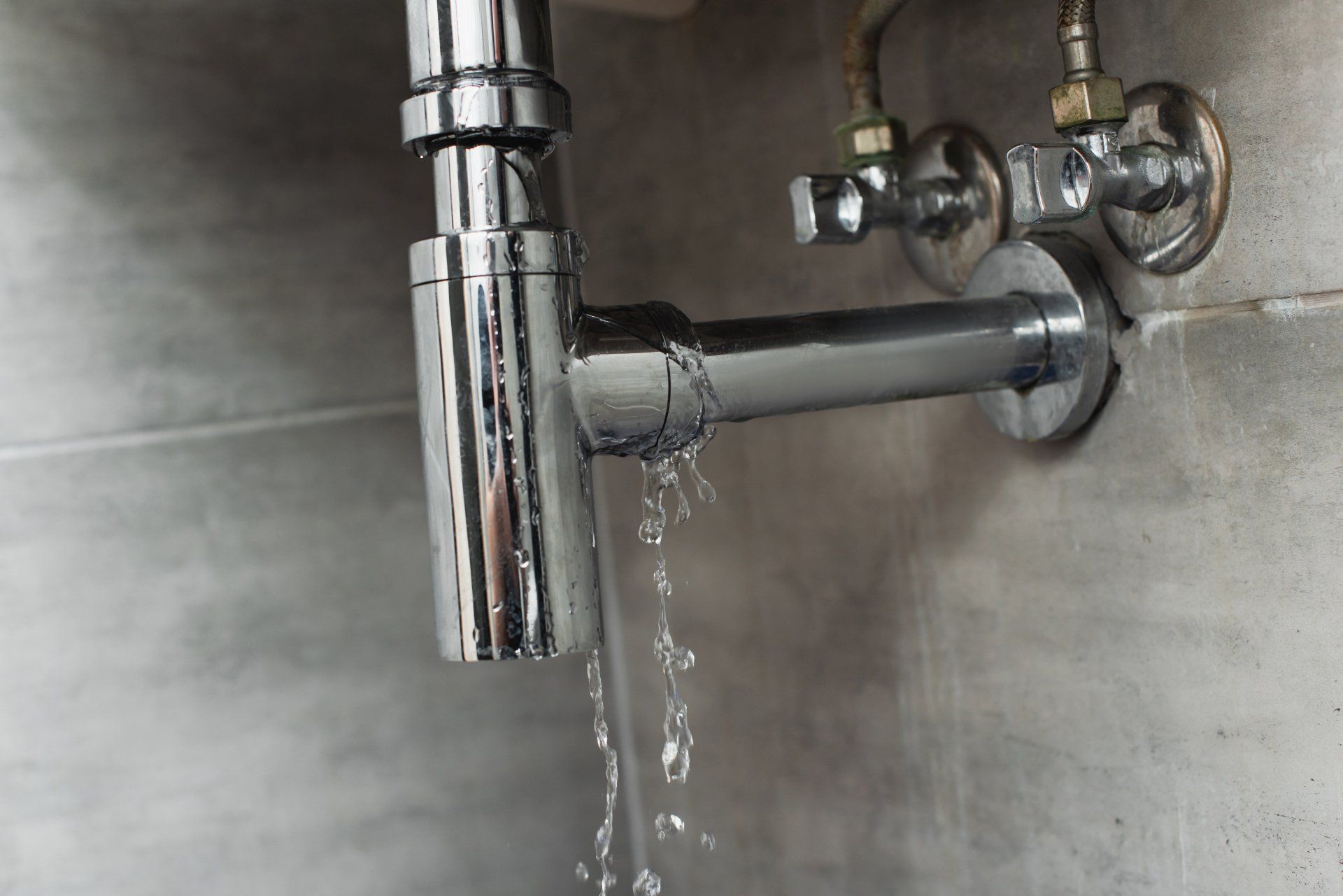 Water is leaking from a drain pipe in a bathroom.