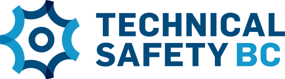A logo for technical safety bc with a gear in the middle.