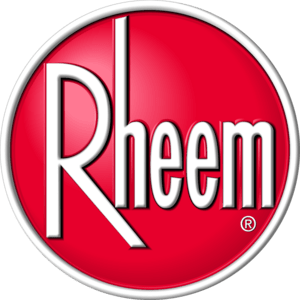 Rheem logo in white text on a red oval with a silver border
