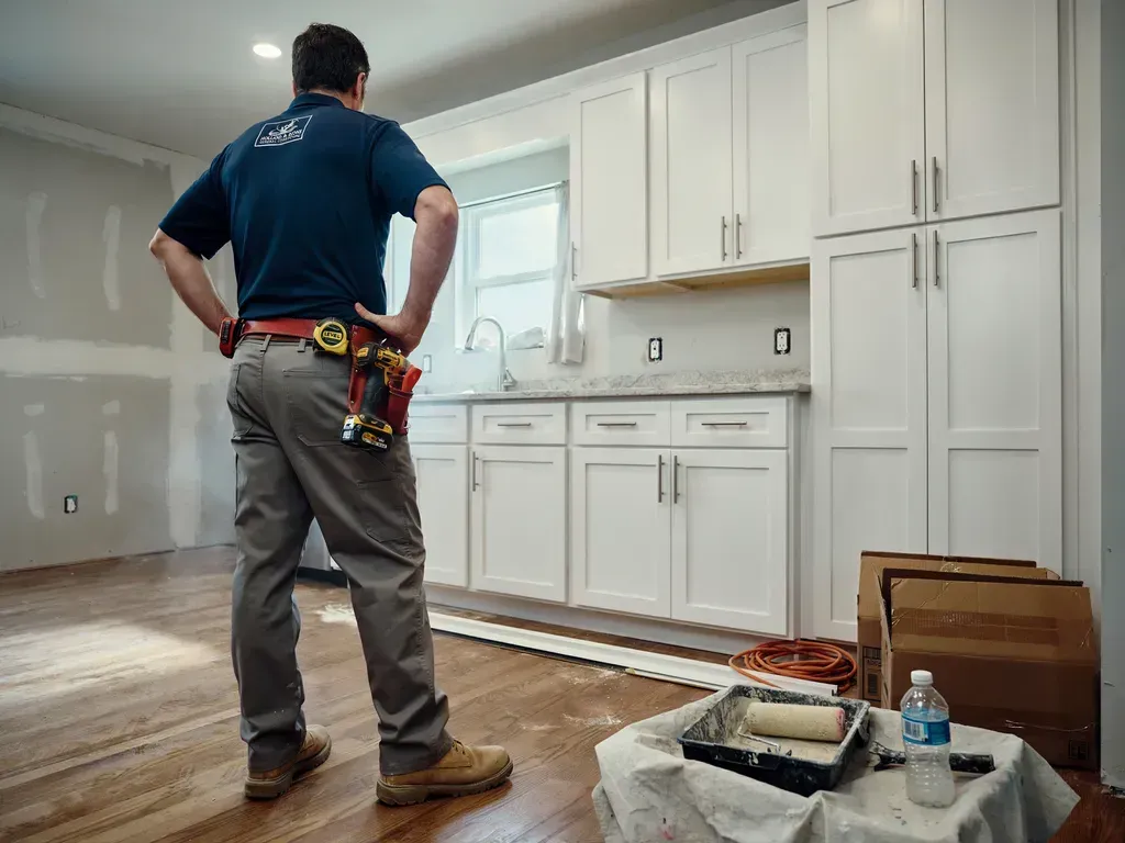 Worker standing in a white kitchen, hands on hips, with tools and renovation supplies nearby