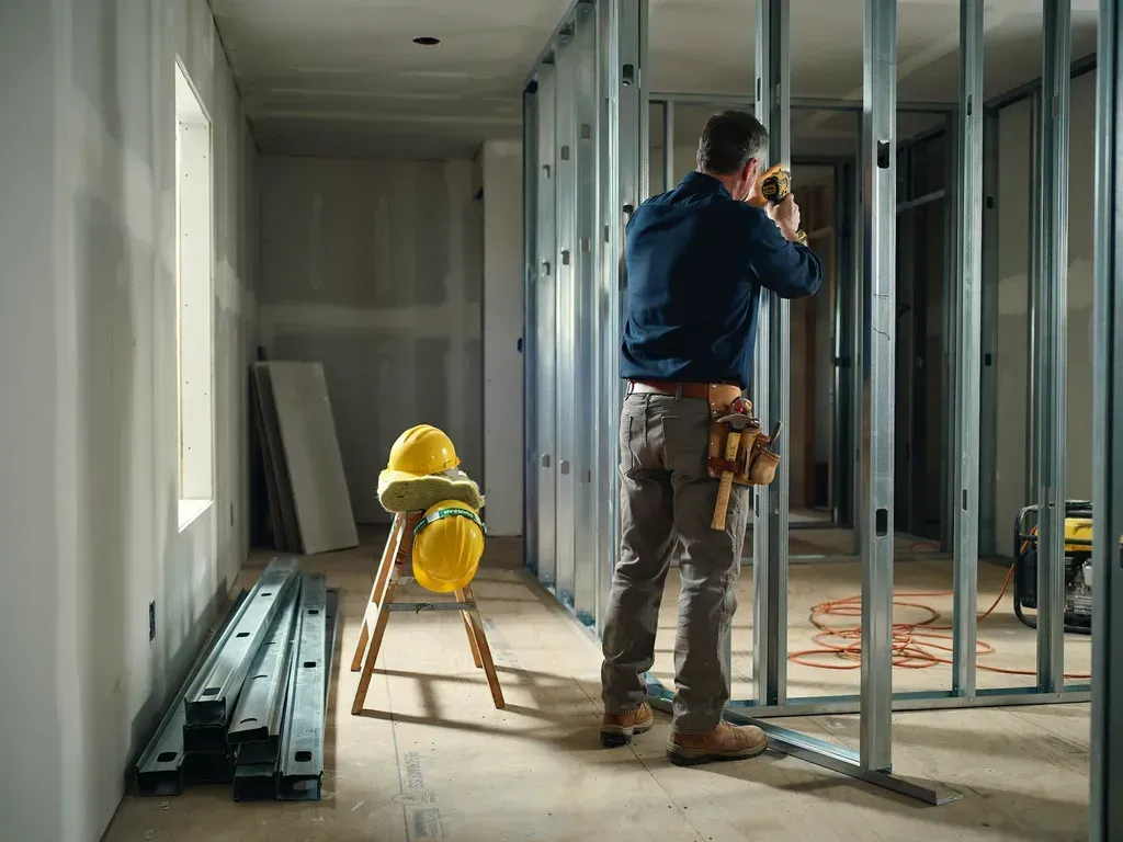 Worker measuring drywall framing in a hallway under construction; a yellow utility light sits on a stool.