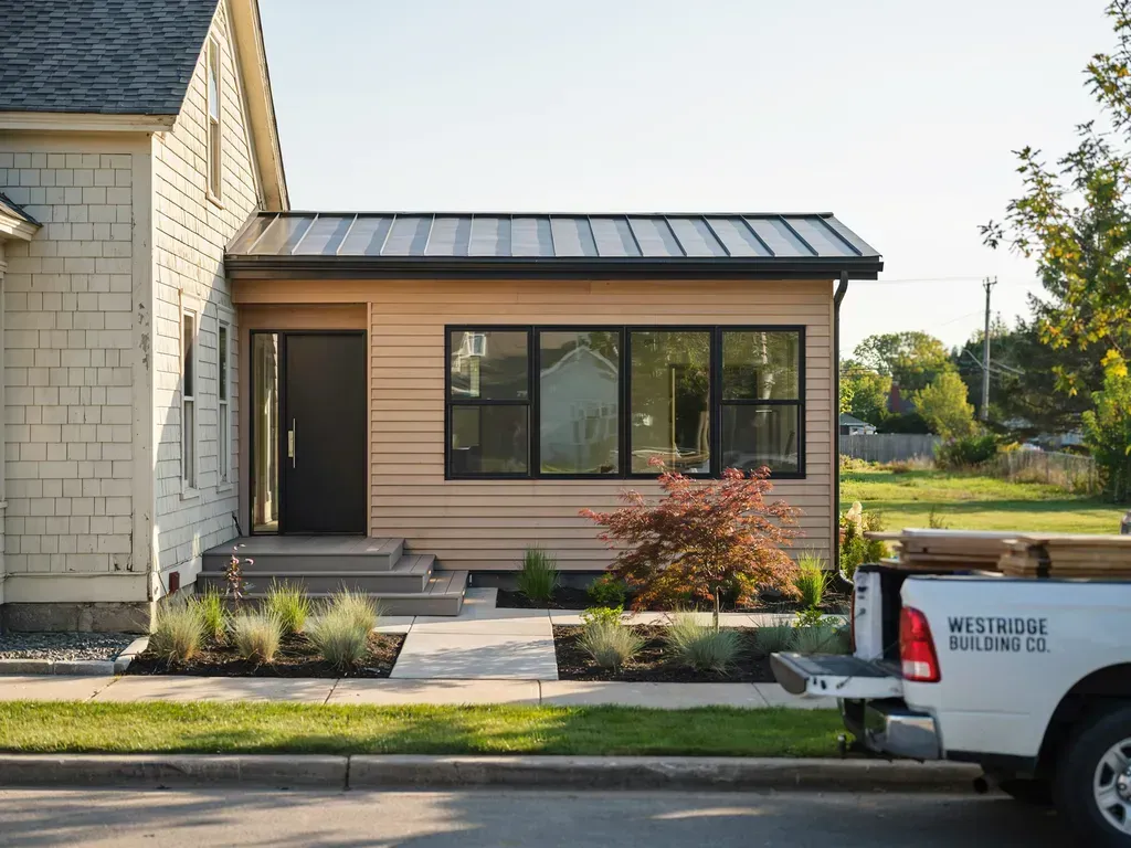 Modern house exterior with a covered porch, front windows, and a white pickup truck in the driveway