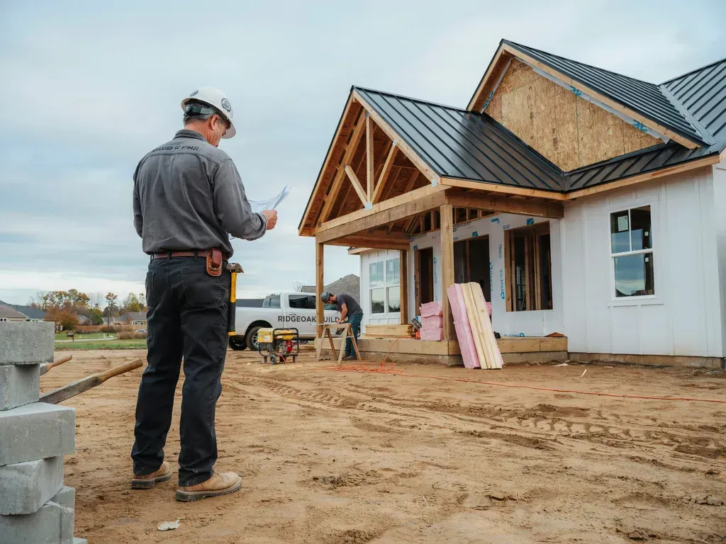 Construction worker inspecting a newly built house with exposed framing and muddy ground in front