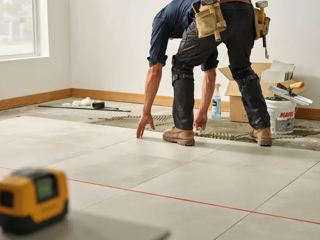 Worker installing large white floor tiles with red guide lines in a bright room